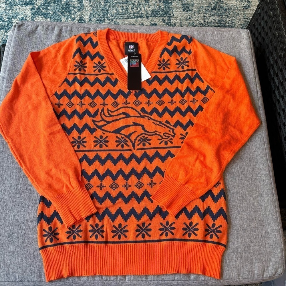 Women's NFL Denver Broncos Team Logo Ugly Holiday V-Neck Sweater, Large